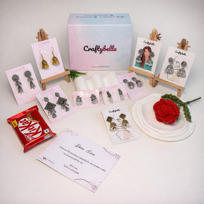 Love Hug Box – 9 Oxidised Jhumkas, Rose & Chocolate Gift Set With a Free Personalised card