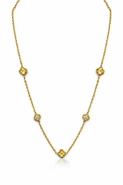 CraftyBella Florielle Charm Necklace – 18K Gold Plated Stainless Steel Floral Station Necklace