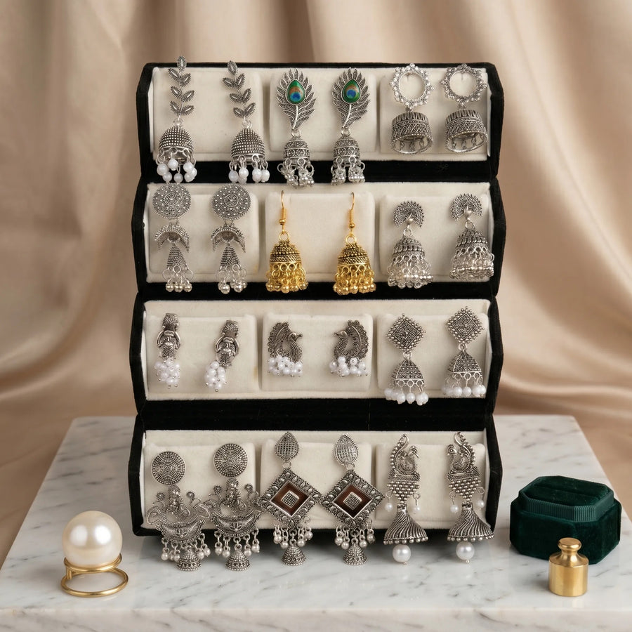 Silver Jhumka Treasure Box – 12 Pair Ethnic Earrings Set
