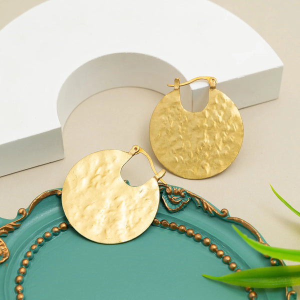 Hammered Gold Disc Hoop Earrings – Modern Textured Statement Hoops