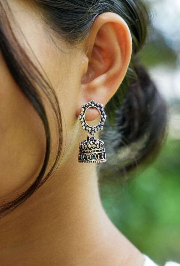 Silver Tone Abstract Dome oxidise Jhumka