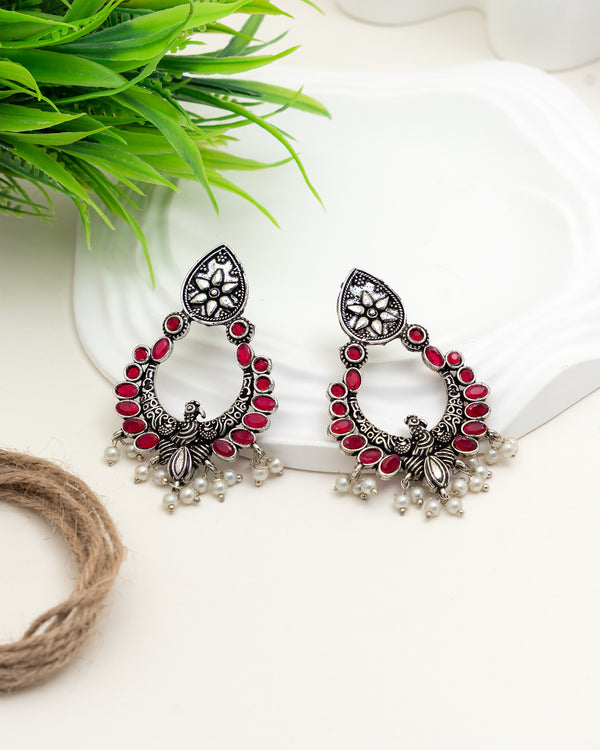 Midnight Pearl Red Jhumkas - Brass Jewelry
