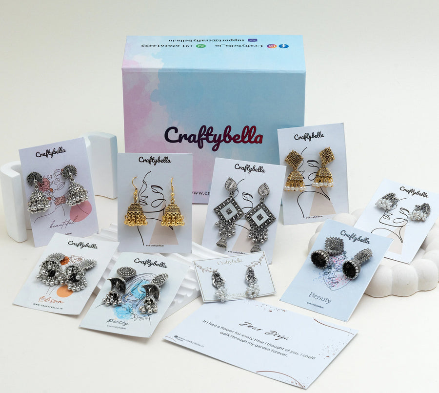 Boho Charm Box - Set of 9 Oxidised Jhumkas - Craftybella