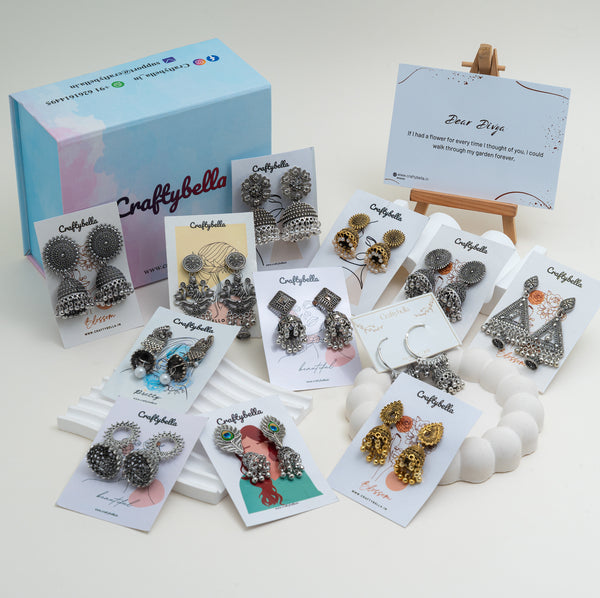 Eternal Love Box – Set of 12 Oxidised Jhumkas