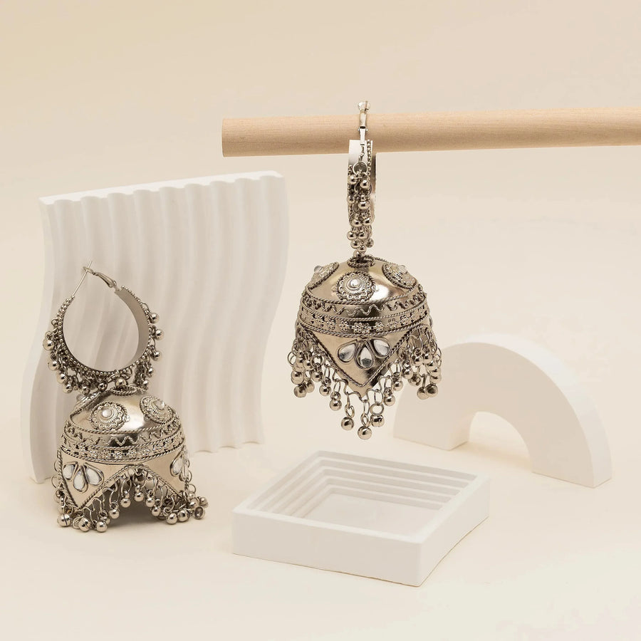 Mirror Work Heavy Oxidised Dome Jhumka Earrings - Craftybella