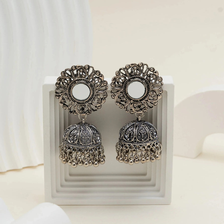 Mirror Stud Oxidised Dome Jhumka Earrings - Craftybella