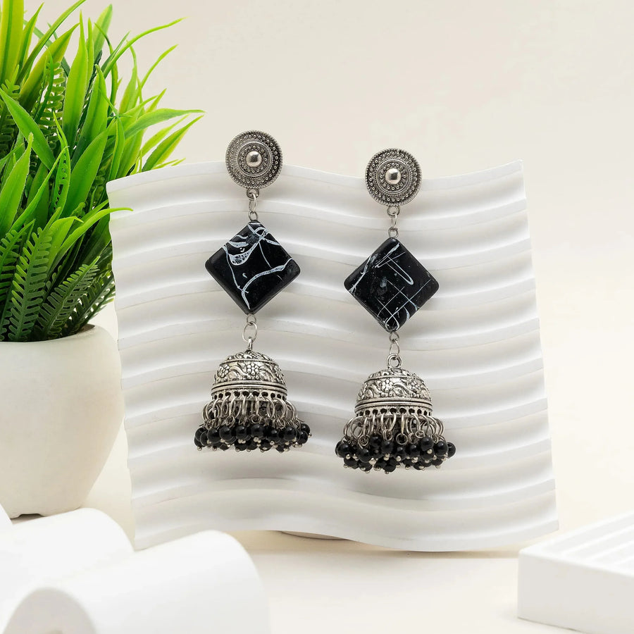 Black Stone Antique Oxidised Jhumka Earrings - Craftybella