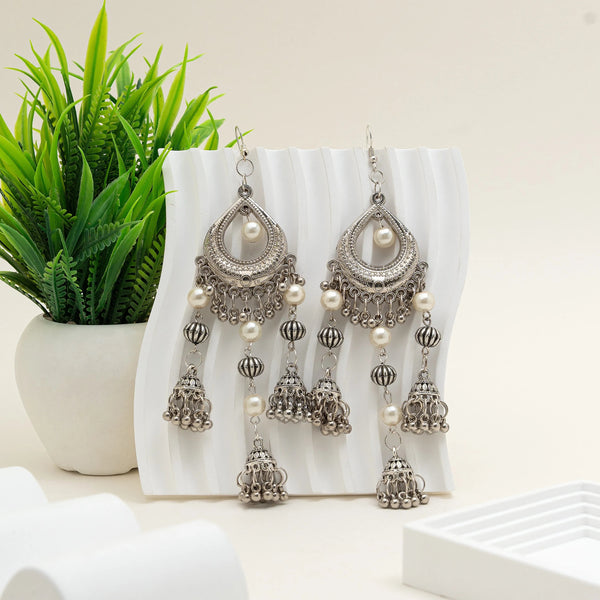 Pearl Drop Multi-Layer Oxidised Jhumka Earrings