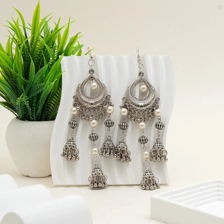 Pearl Drop Multi-Layer Oxidised Jhumka Earrings - Craftybella