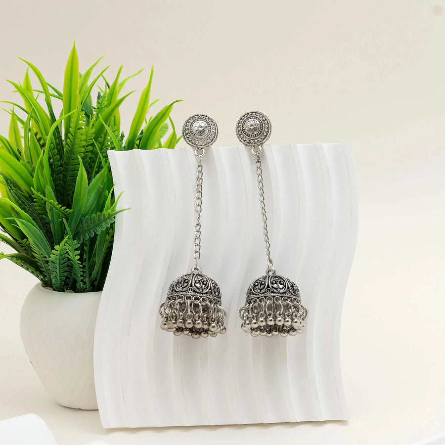 Minimal Round Stud Long Chain Oxidised Jhumka - Craftybella