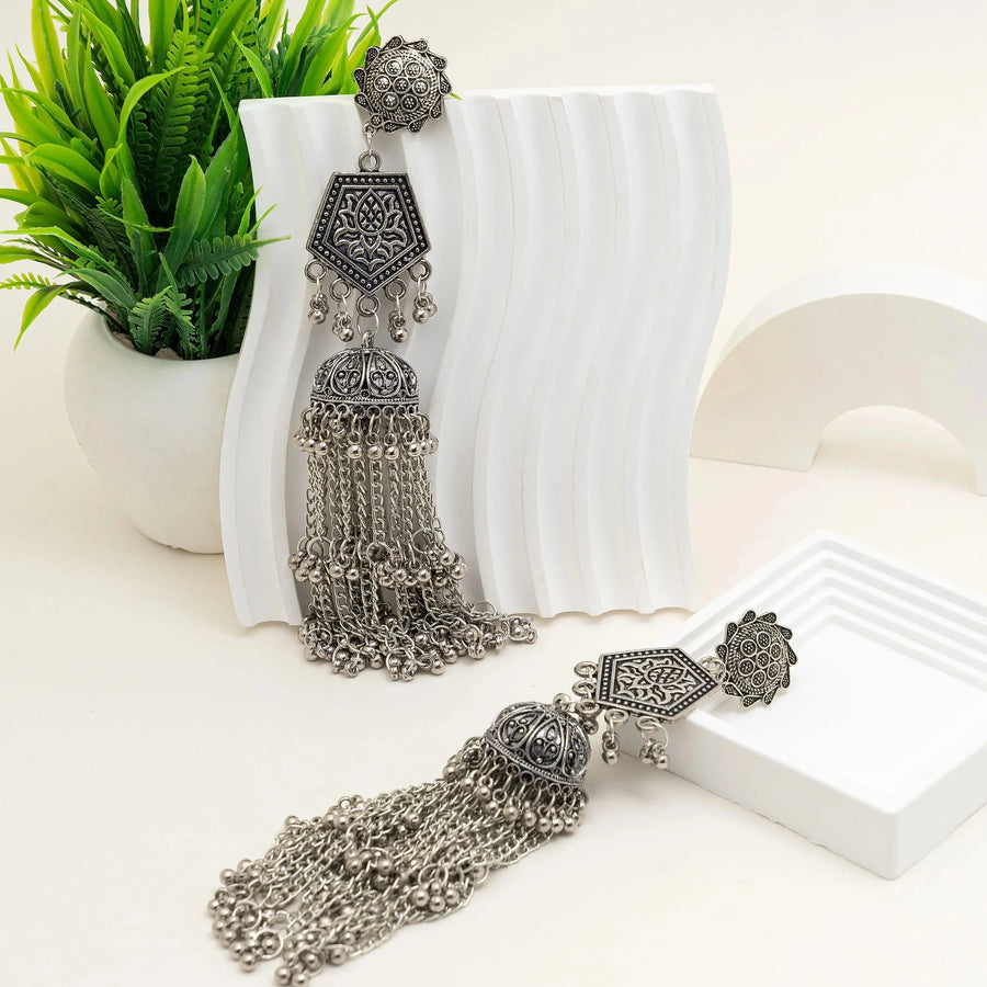 Hexa Floral Long Oxidised Tassel Jhumka Earrings - Craftybella