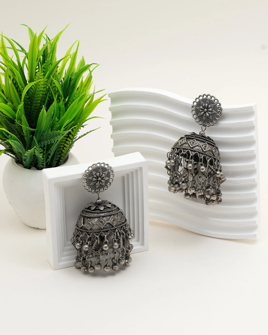 Heritage Blossom Oxidised Silver Dome Jhumka - Craftybella