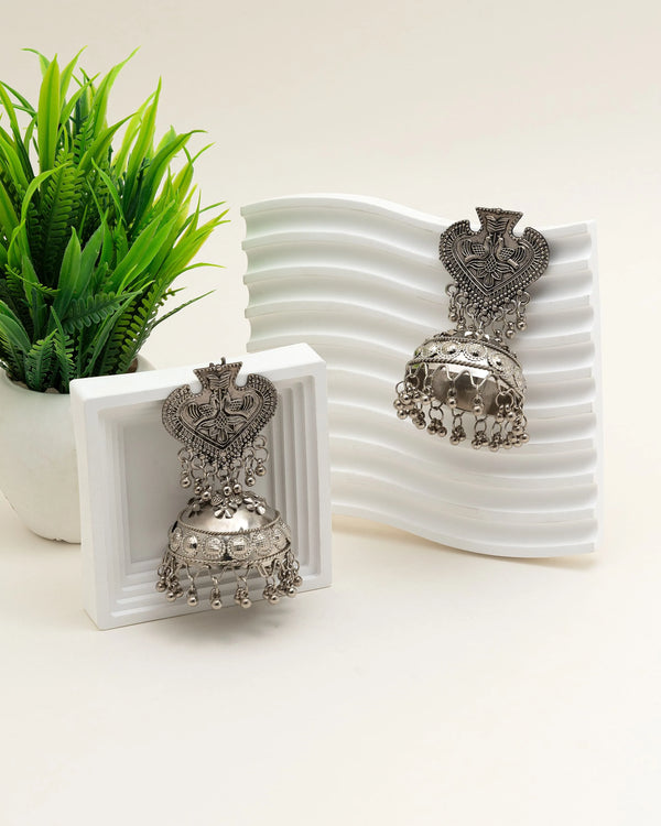 Tribal Oxidised Silver Heart Top Dome Jhumka Earrings