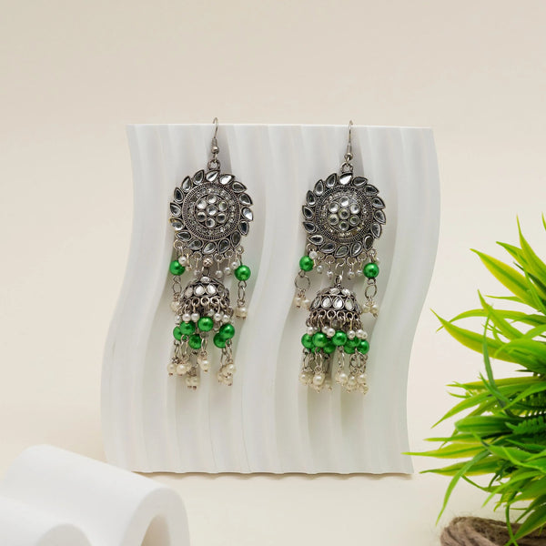 Green Beaded Oxidised Tribal Drop Earrings