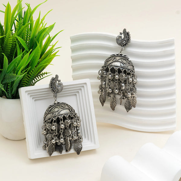 Boho Leaf Cascade Oxidised Silver Jhumka