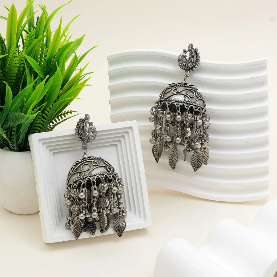 Boho Leaf Cascade Oxidised Silver Jhumka - Craftybella