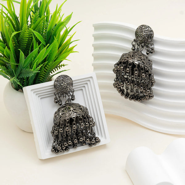 Antique Charm Oxidised Dome Jhumka Earrings