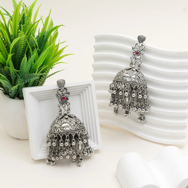 German Silver Oxidised Red Stone Dome Jhumka Earrings