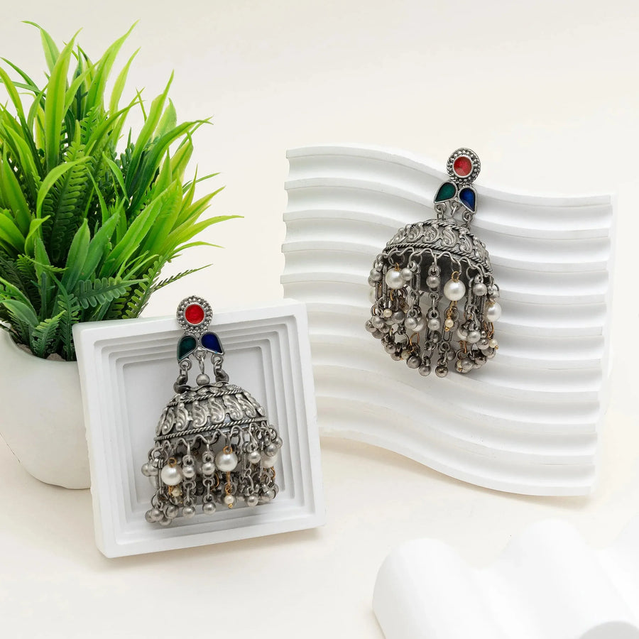 Aarohi Oxidised Dome Jhumka Earrings with Pearl Drops - Craftybella