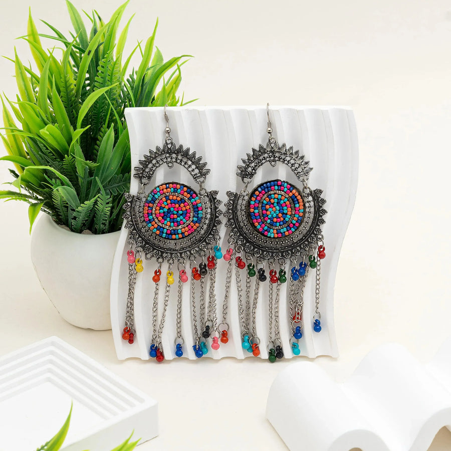 Boho Multicolor Beaded Oxidised Fringe Earrings - Craftybella