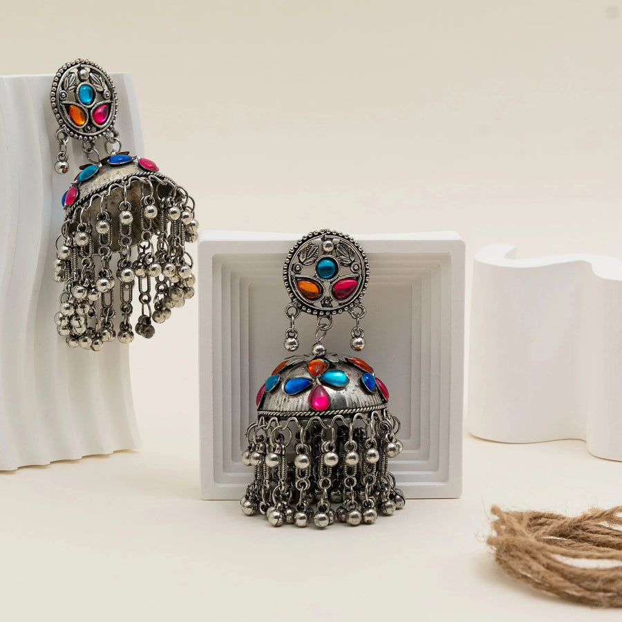 Boho Bloom Multicolor Stone Oxidised Dome Jhumka Earrings - Craftybella