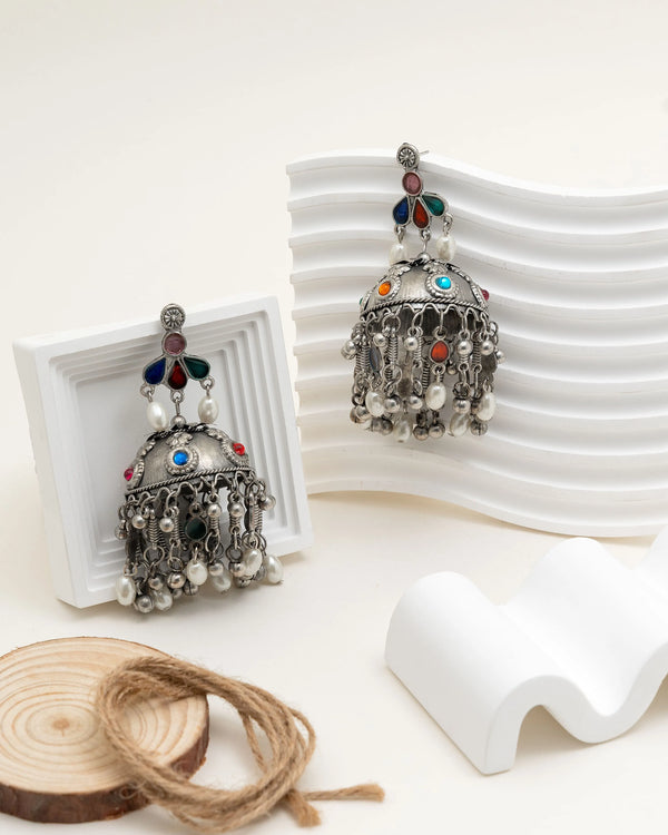 Boho Multicolor Oxidised Dome Pearl Jhumka Earrings