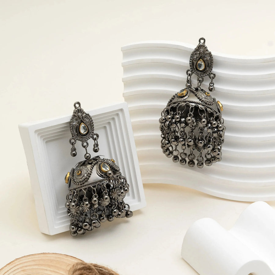 Antique Black Oxidised Dome Jhumka Earrings with Stone Detailing - Craftybella