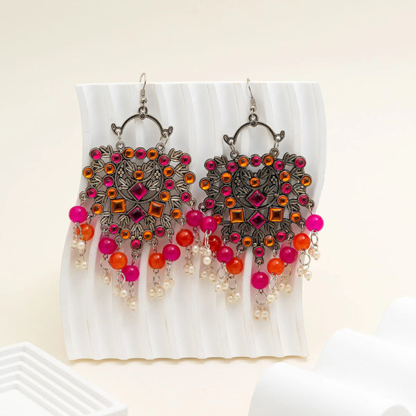 Boho Radiance Oxidised Mirror Beaded Earrings