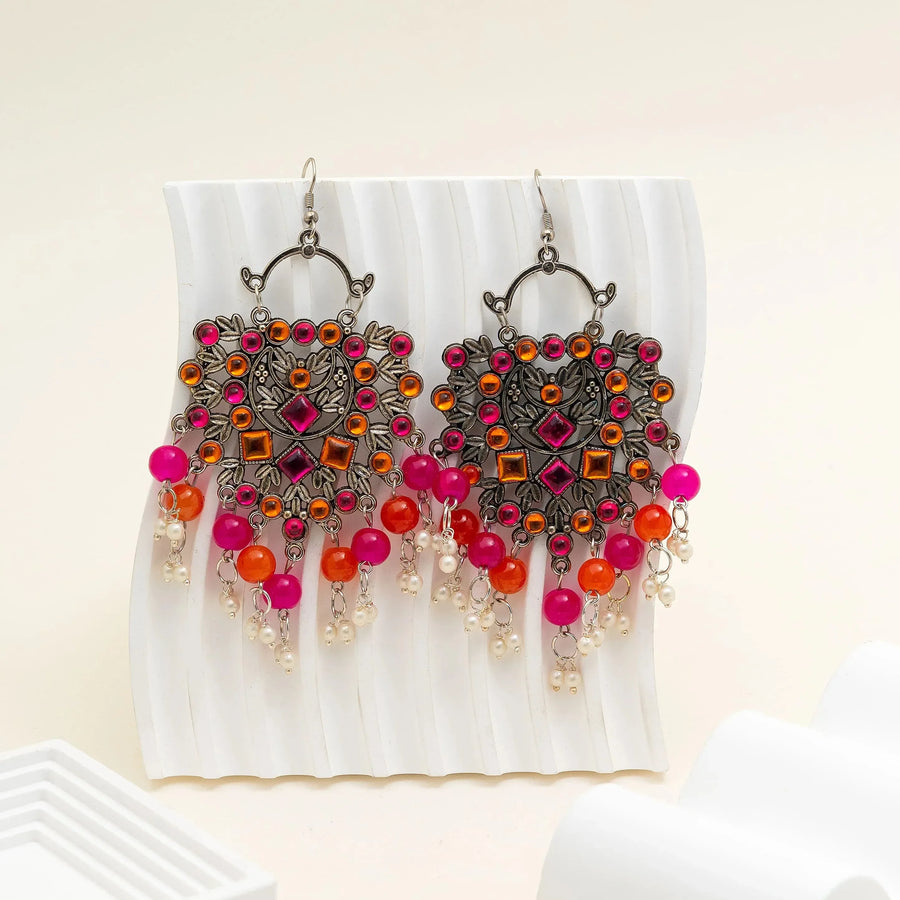 Boho Radiance Oxidised Mirror Beaded Earrings - Craftybella
