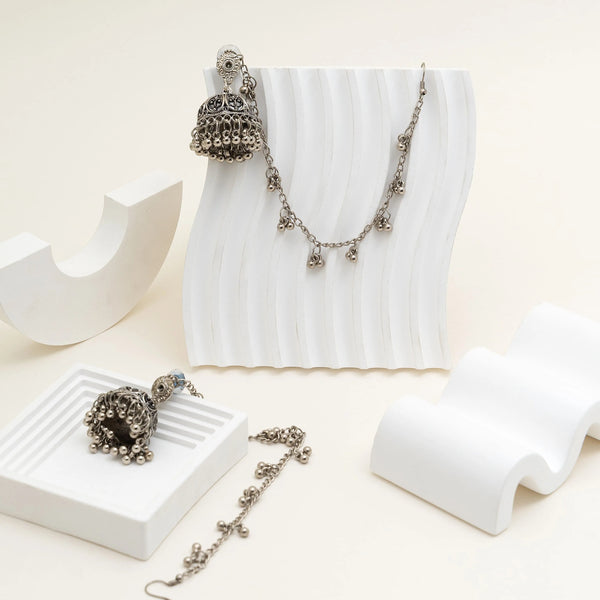 Oxidised Jhumka with Ear Chain – Single Side Statement Ear Cuff