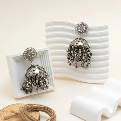 Antique Charm Oxidised Dome Jhumka Earrings