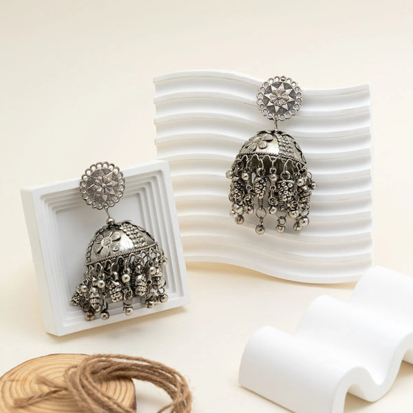 Antique Charm Oxidised Dome Jhumka Earrings