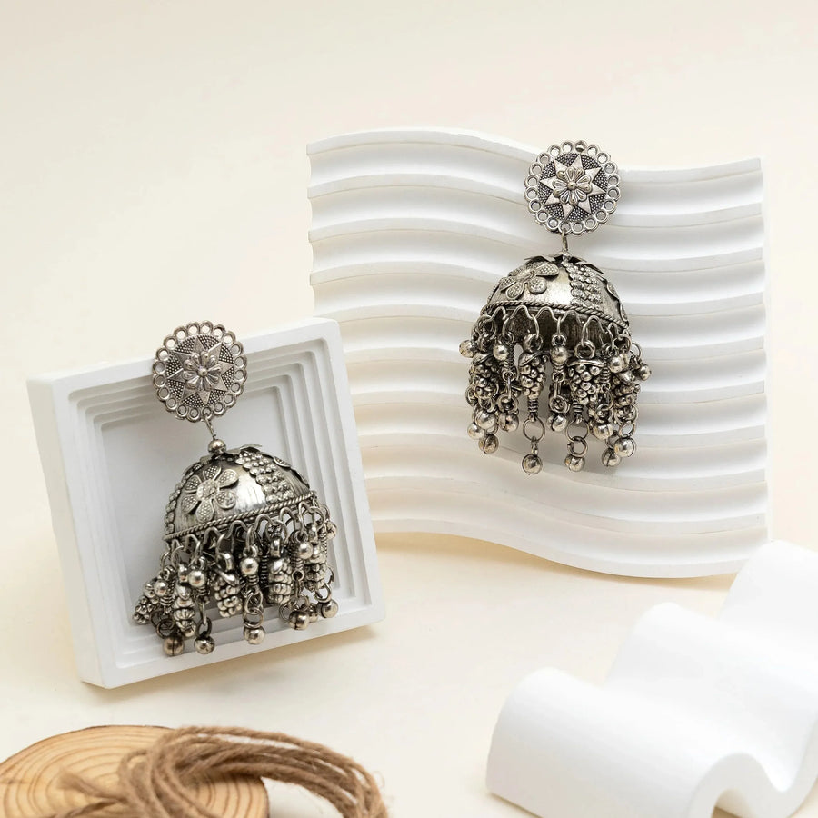 Floral Stud Oxidised Dome Jhumka Earrings - Craftybella