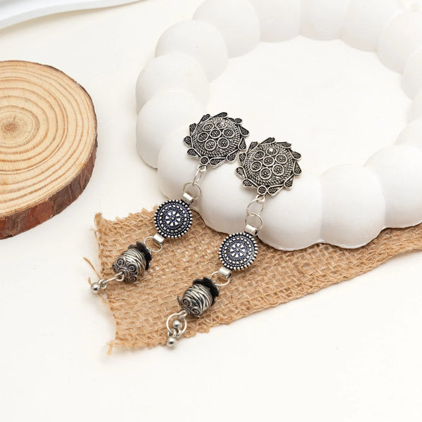 Blue Mandala Oxidised Long Dangler Earrings