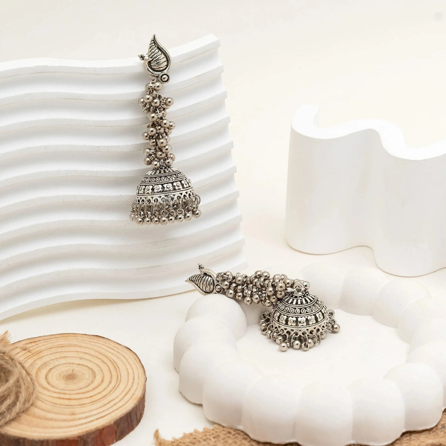 Oxidised Leaf Motif Cluster Jhumka Earrings - Craftybella