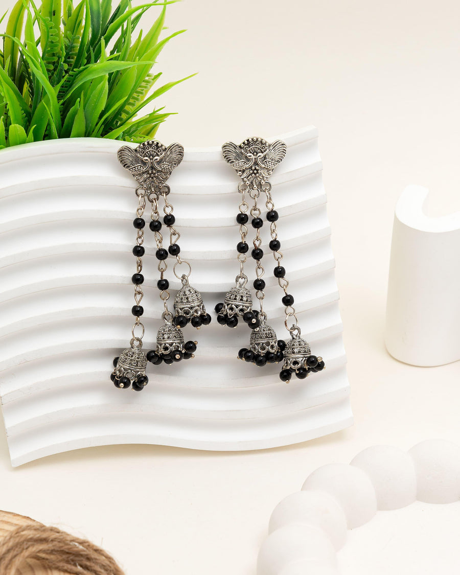 Divya Oxidised Triple Chain Jhumka Earrings with Elephant Motif - Craftybella