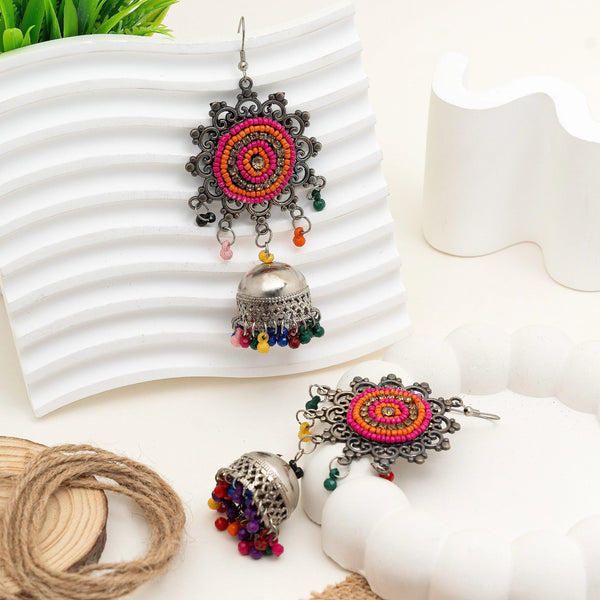Colorful Beaded German Silver Oxidised Jhumka Earrings