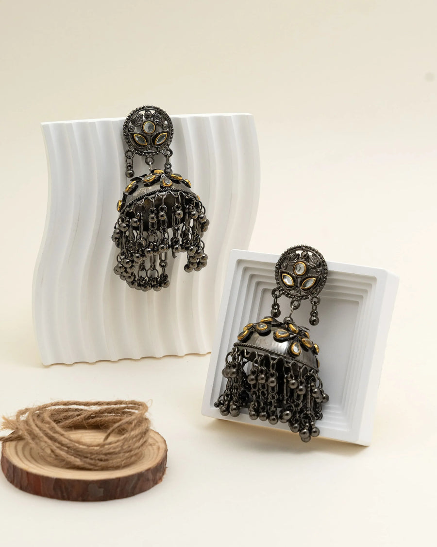 German Silver Oxidised Floral Mirror Dome Jhumka Earrings - Craftybella