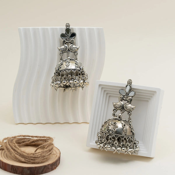 German Silver Oxidised Peacock Dome Jhumka Earrings