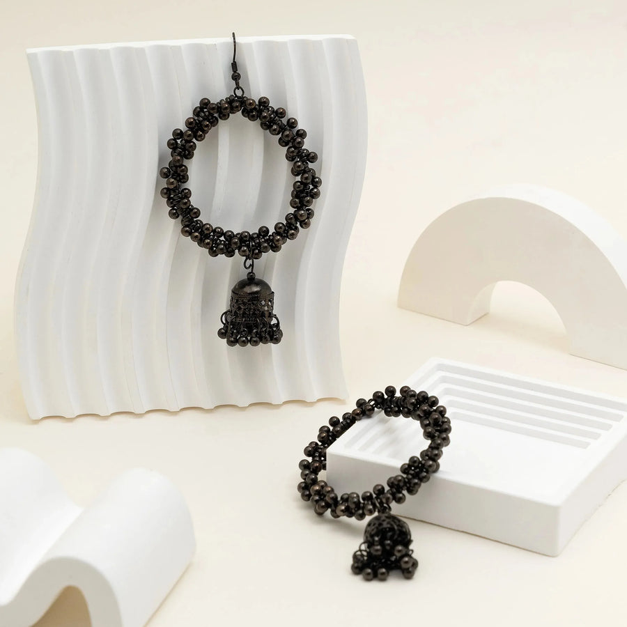 Black Beaded Oversized Oxidised Hoop Jhumka - Craftybella