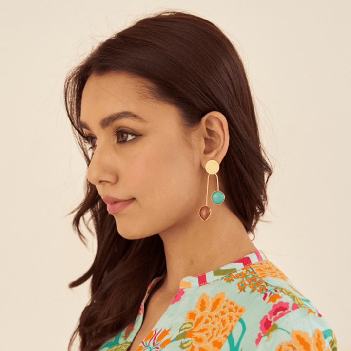 Gold-Plated Dual-Stone Drop Earrings – Handmade Modern Partywear - Craftybella