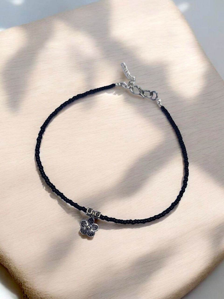 Elegant Flower Charm Anklet With Silver and Perfect Black - Craftybella