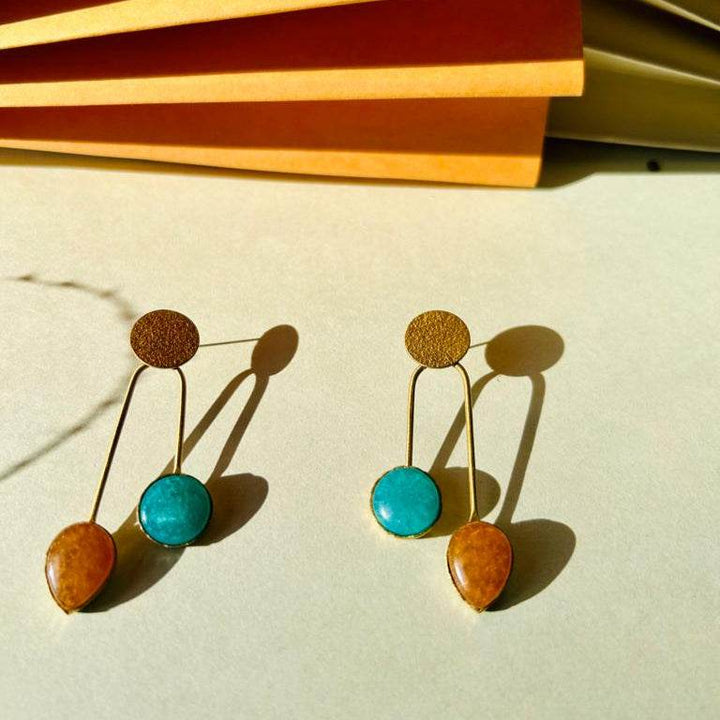Gold-Plated Dual-Stone Drop Earrings – Handmade Modern Partywear - Craftybella