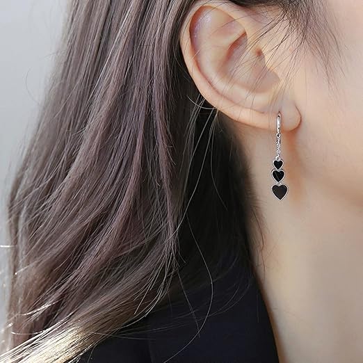 Korean Princess Silver Hoop Black Heart Earring