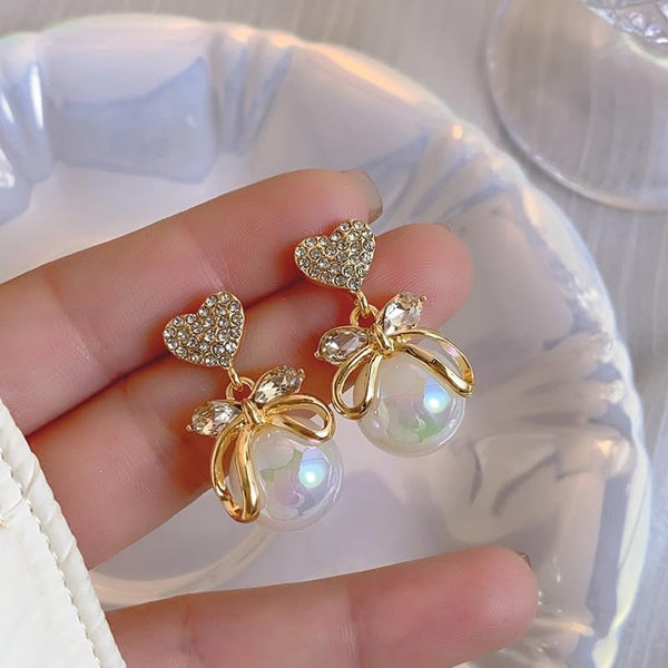 Bow Heart With White Pearl Earring