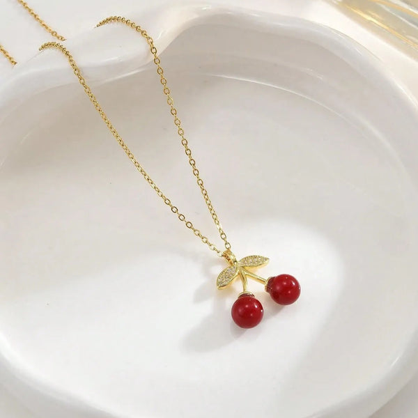 Cherry Bliss – 18K Gold-Plated Pendant Necklace with Red Stone Charm | Adjustable & Anti-Tarnish