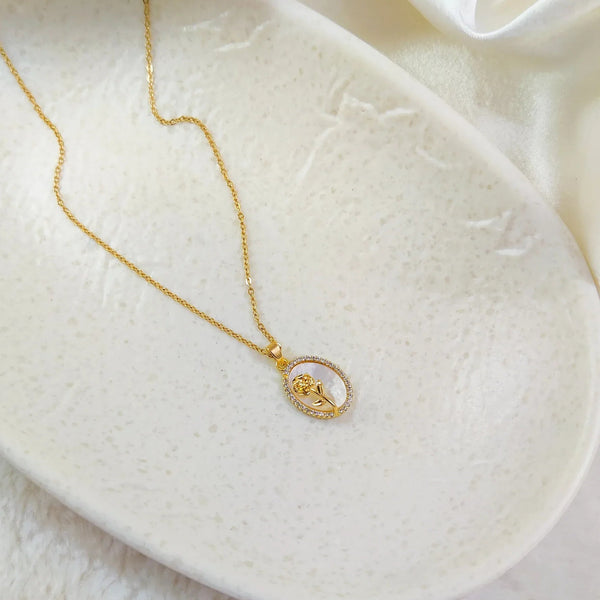 Golden Bloom – Korean Mother of Pearl Rose Pendant Necklace