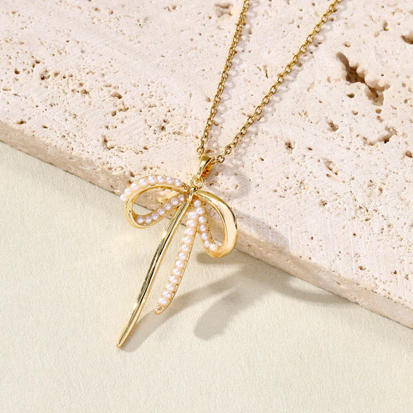Golden Pearl Bow Pendant Necklace