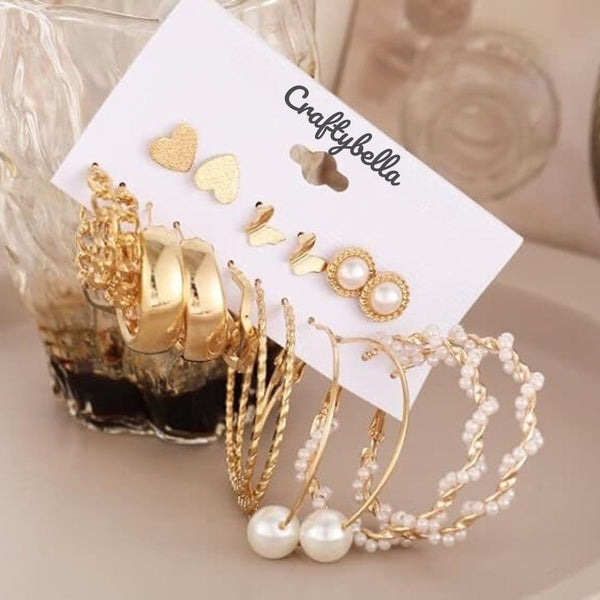 Set Of 9 Aesthetic Gold Plated Pearl Hoops & Studs