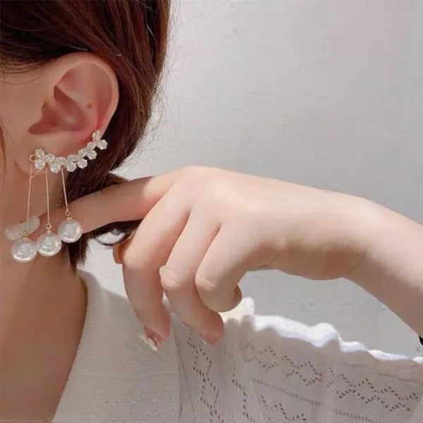 Korean Zircon Studded Ear Cuff With Pearl Tassel Long Earrings